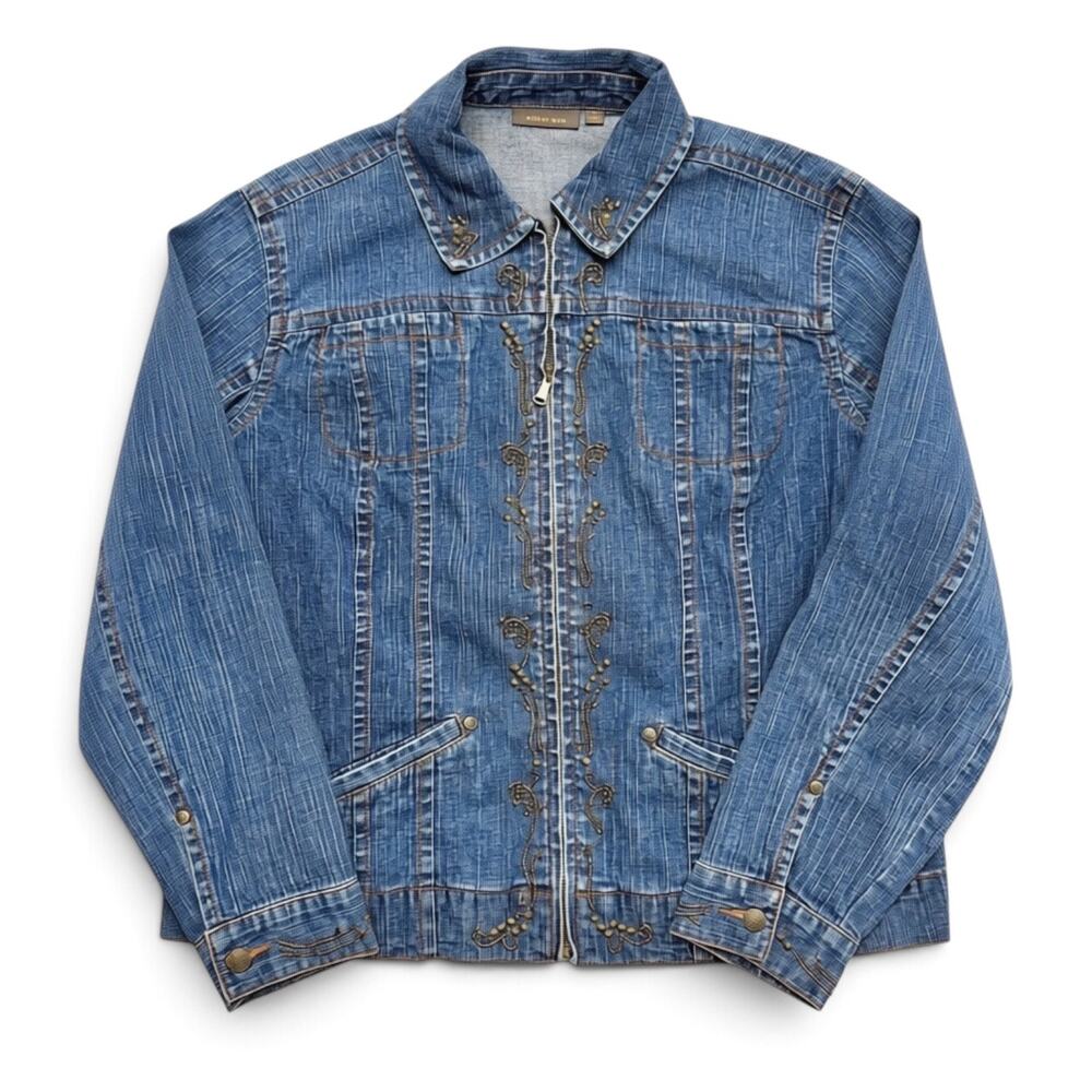 Amber Sun Vintage Y2K Beaded Embroidered Denim Jacket L